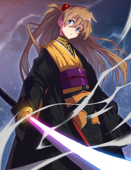 1girl :&lt; blue_eyes brown_hair company_connection creator_connection hair_between_eyes hands_in_own_hair highres holding holding_sword holding_weapon interface_headset_(evangelion) japanese_clothes kamen_rider long_hair looking_at_viewer neon_genesis_evangelion shin_kamen_rider simple_background solo souryuu_asuka_langley sword syope two_side_up very_long_hair weapon what