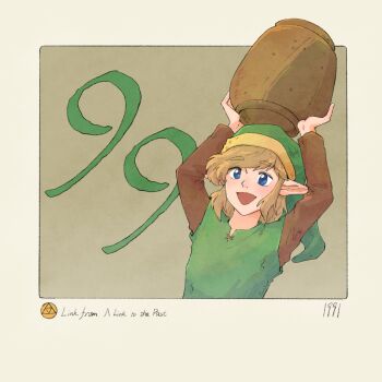 1boy arms_up blue_eyes border brown_background character_name commentary copyright_name english_commentary green_hat green_tunic hat highres holding link male_focus nintendo open_mouth outside_border pointy_ears signature solo the_legend_of_zelda the_legend_of_zelda:_a_link_to_the_past tunic yangyaozigo