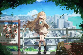 1girl absurdres belt blonde_hair blue_eyes boots building cityscape commentary day english_commentary falling_leaves floating_hair full_body hair_ornament heterochromia highres issun_boushi_(taku37taku) leaf long_hair memento_vanitas neckerchief open_mouth outdoors railing red_eyes riot_music sailor sailor_collar school_uniform serafuku sign sky smile solo thigh_strap virtual_youtuber wind