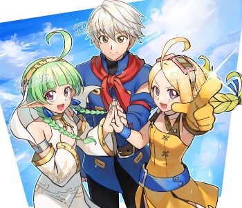 1boy 2girls absurdres ahoge aika_(eternal_arcadia) aika_(eternal_arcadia)_(cosplay) betabetamaru black_pants blue_jacket braid brown_eyes closed_mouth cosplay dress earrings eternal_arcadia fina_(eternal_arcadia) fina_(eternal_arcadia)_(cosplay) fire_emblem fire_emblem_awakening gloves gold_trim green_hair highres jacket jewelry long_sleeves looking_at_viewer low_twin_braids male_robin_(fire_emblem) multiple_girls nah_(fire_emblem) neckerchief nintendo nowi_(fire_emblem) open_mouth pants pointy_ears red_neckerchief sky smile twin_braids vyse vyse_(cosplay) white_dress white_hair yellow_dress yellow_gloves