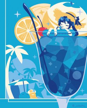 1girl black_bow black_hair black_ribbon bow bracelet cherry chibi chibi_only closed_eyes cobalta cup drinking drinking_glass drinking_straw drinking_straw_in_mouth eyewear_on_head food fruit genshin_impact hat hat_bow hat_ribbon ice ice_cube innertube jewelry mona_(genshin_impact) on_innertube ribbon sandals solo spoon sun_hat sunglasses swim_ring