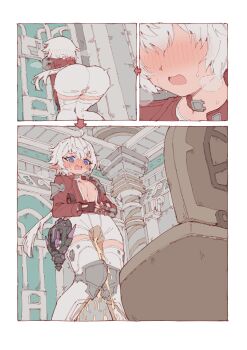 1girl absurdres ahoge alisaie_leveilleur blue_eyes blush comic elezen elf embarrassed female_focus final_fantasy final_fantasy_xiv fingerless_gloves gloves have_to_pee highres indoors jacket long_hair low_ponytail open_mouth peeing peeing_self pointy_ears ponytail red_jacket rune_(dualhart) solo standing toilet white_hair you&#039;re_doing_it_wrong