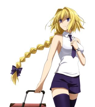 1girl bare_shoulders blonde_hair bow braid braided_ponytail breasts closed_mouth collarbone collared_shirt dot_nose fate/apocrypha fate_(series) female_focus hair_bow hair_ribbon highres holding holding_suitcase jeanne_d&#039;arc_(fate) jeanne_d&#039;arc_(ruler)_(fate) large_breasts legs long_hair necktie no_bra purple_bow purple_eyes purple_necktie purple_ribbon purple_shorts purple_socks purple_thighhighs ribbon shirt shorts sideboob simple_background sleeveless sleeveless_shirt socks solo standing suitcase thighhighs thighs very_long_hair watch white_background white_shirt wristwatch zettai_ryouiki