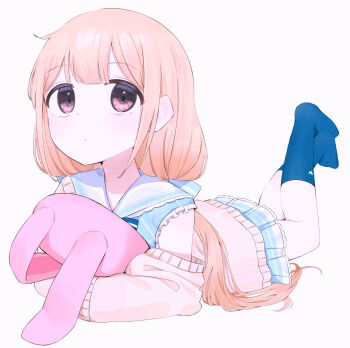 1girl blonde_hair blue_skirt blue_socks cardigan closed_mouth crossed_ankles full_body futaba_anzu grey_eyes highres holding holding_stuffed_toy idolmaster idolmaster_cinderella_girls idolmaster_cinderella_girls_starlight_stage long_hair looking_at_viewer low_twintails lying on_stomach pleated_skirt sailor_collar simple_background skirt socks solo stuffed_animal stuffed_rabbit stuffed_toy the_pose tsuchi_(sh_spica1) twintails very_long_hair white_background white_sailor_collar yellow_cardigan