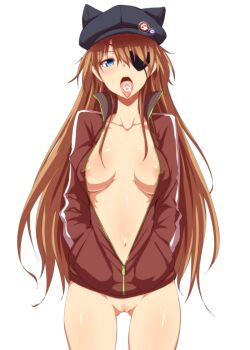 10s 1girl animal_ears animal_hat areola_slip badge blue_eyes blush body_blush bottomless breasts brown_hair button_badge newsboy_cap cat_hat clearite cleavage collarbone colored_eyelashes covered_erect_nipples cowboy_shot drooling evangelion:_3.0_you_can_(not)_redo eyepatch fake_animal_ears female_focus hands_in_pockets hat high_collar hip_focus jacket large_breasts logo long_hair long_sleeves looking_at_viewer naked_jacket navel neon_genesis_evangelion open_clothes open_mouth oral_invitation popped_collar pussy rebuild_of_evangelion saliva simple_background single_vertical_stripe skull_print solo souryuu_asuka_langley standing thigh_gap thighs tongue tongue_out track_jacket uncensored unzipped very_long_hair white_background zipper