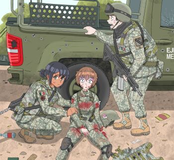 assault_visor black_hair bleeding blood boots brown_hair dirt gun helmet highres holding holding_gun holding_weapon looking_at_viewer mexican_army mexican_flag mexico military_combat_uniform military_uniform motor_vehicle mx_waifus original pickup_truck short_hair trash traumatized truck weapon