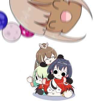 &lt;|&gt;_&lt;|&gt; 5girls :d ^_^ animal_ears black_gloves black_hair braid braided_bangs brown_hair buck_teeth ceres_fauna chibi closed_eyes commentary dark-skinned_female dark_skin english_commentary fong_(fongthe0125) gloves green_hair hair_over_one_eye hakos_baelz highres holocouncil hololive hololive_english motion_blur mouse_ears multicolored_hair multiple_girls nanashi_mumei open_mouth ouro_kronii ponytail red_hair shadow simple_background smile streaked_hair teeth tsukumo_sana virtual_youtuber wavy_eyes white_background white_hair