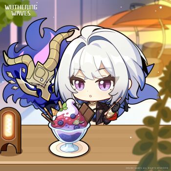 1girl black_gloves black_jacket chibi chibi_only chimera_(wuthering_waves) commentary copyright_notice english_commentary food galbrena_(wuthering_waves) gloves grey_hair highres ice_cream jacket logo medium_hair official_art purple_eyes sundae tacet_discord_(wuthering_waves) wuthering_waves