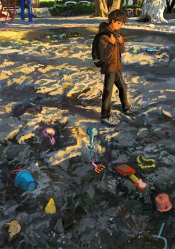 1boy backpack bag bag_charm black_bag black_eyes black_hair black_pants brown_coat bucket charm_(object) closed_mouth coat commentary_request dated day expressionless from_side full_body grey_shoes hands_up highres long_sleeves looking_down minahamu original outdoors pants park sand scenery shadow shoes short_hair shovel sneakers toy very_short_hair walking watermark