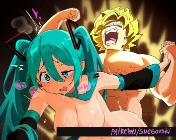 1boy 1girl blush breasts d: detached_sleeves doggystyle dragon_ball fortnite green_hair hatsune_miku heart highres large_breasts long_hair navel nude open_mouth pectorals saliva sex sex_from_behind snegovski son_goku super_saiyan super_saiyan_1 teeth vocaloid
