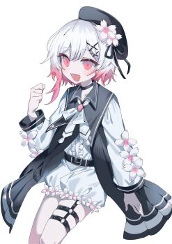 1girl :d absurdres belt beret black_belt black_dress black_hat black_ribbon brooch center_frills cherry_blossoms dress fang flower frills gradient_hair hair_flower hair_ornament hand_up hat highres jewelry long_sleeves looking_at_viewer mahou_shoujo_no_majo_saiban multicolored_hair neck_ribbon o-ring o-ring_thigh_strap open_mouth pink_eyes pink_hair ribbon sakuraba_ema shikei_(karizini_mnsb) shirt short_hair shorts simple_background smile solo thigh_strap white_background white_flower white_hair white_ribbon white_shirt white_shorts x_hair_ornament