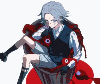 1boy absurdres aged_down aotsuki_eito binxngchng1 black_gloves black_shoes black_socks black_vest blood blue_eyes chinese_commentary commission eldritch_abomination flesh foot_out_of_frame glasses gloves grey_hair highres in_container in_trash_can long_sleeves looking_at_viewer male_focus monster shirt shoes short_hair shorts sitting skeb_commission socks solo the_hundred_line_-last_defense_academy- trash_can vest white_background white_shirt white_shorts