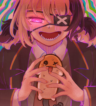 1girl alternate_costume black_jacket blonde_hair blush brown_hair collared_shirt colorful_background commentary_request crazy_smile creature eyepatch familiar fuyuu_seibutsu gigi_murin glowing glowing_eye grem_(gigi_murin) heart heart-shaped_pupils highres holding holding_creature hololive hololive_english jacket long_sleeves medium_hair monitoring_(vocaloid) multicolored_hair necktie nervous_sweating o_x open_mouth pink_eyes sharp_teeth shirt short_twintails smile solo split-color_hair sweat symbol-shaped_pupils teeth twintails two-tone_hair upper_body virtual_youtuber white_shirt
