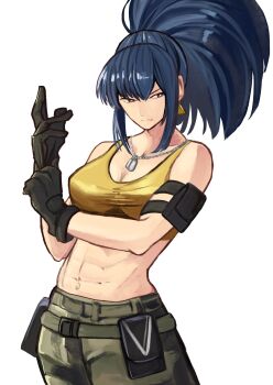 1girl adjusting_clothes adjusting_gloves arm_pouch bare_shoulders blue_eyes blue_hair breasts camouflage camouflage_pants cargo_pants crop_top dog_tags earrings gloves highres jewelry leona_heidern long_hair midriff muscular muscular_female navel pale_skin pants ponytail soldier solo tank_top the_king_of_fighters the_king_of_fighters_xv tikuwabu_33 triangle_earrings yellow_tank_top