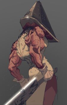 1boy blood blood_on_shoulder boop_dega faceless faceless_male from_behind gloves great_knife grey_background helmet highres holding holding_knife holding_weapon knife male_focus monster muscular muscular_male pyramid_head scar silent_hill_(series) silent_hill_2 simple_background solo tight_clothes weapon white_gloves