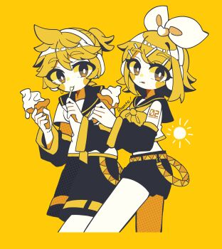 Rule 34 | 1boy, 1girl, absurdres, artist name, belt, blonde hair, blush stickers, bow, brown eyes, commentary request, crop top, cropped legs, detached sleeves, eating, food, hair bow, hair ornament, hairclip, headphones, highres, holding, holding food, holding ice cream, holding ice cream cone, holding spoon, ice cream, ice cream cone, kagamine len, kagamine rin, long sleeves, looking to the side, melting ice cream, midriff, neckerchief, necktie, pitanto, sailor collar, shirt, shorts, sleeveless, sleeveless shirt, soft serve, spoon, sun, tongue, tongue out, vocaloid, yellow background, yellow theme