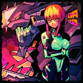 1girl 420_(meme) absurdres alpharecdyt chainsaw chainsaw_devil chainsaw_man highres long_hair looking_at_viewer makima_(chainsaw_man) mecha mecha_pilot_suit meme neon_genesis_evangelion plugsuit_(evangelion) red_eyes ringed_eyes robot sharp_teeth teeth yellow_eyes