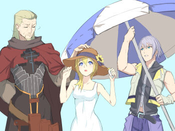 Rule 34 | 1girl, 2boys, :o, age difference, ansem the wise, beach umbrella, beard, belt, black belt, black cape, black shirt, black vest, blonde facial hair, blonde hair, blue background, blue eyes, blue pants, blue ribbon, cape, commentary request, day, facial hair, flower, gogo (detteiu de), grey hair, hair over shoulder, hair slicked back, hand on another's head, hands up, hat, hat flower, hat ribbon, height difference, highres, hot, kingdom hearts, kingdom hearts ii, long hair, long sleeves, looking up, midriff peek, multiple boys, namine, open mouth, pants, parted lips, red cape, ribbon, riku (kingdom hearts), shaking head, shirt, short hair, summer, sun hat, sunflower, sweat, toned, toned male, umbrella, upper body, vest, waist cape, wide sleeves, yellow vest