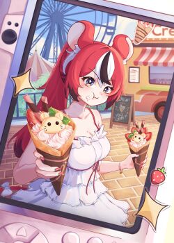 1girl absurdres animal_ear_fluff animal_ears black_hair black_streaks blue_eyes blush bow breasts brick_road cellphone_photo cheek_bulge cleavage collarbone commentary cream crepe double-parted_bangs dress eating fence ferris_wheel food food_on_face food_truck fruit hair_between_eyes hakos_baelz highres holding holding_crepe holding_food hololive hololive_english iennie incoming_gift long_hair medium_breasts mouse_ears mouse_tail multicolored_hair phone ponytail pov red_hair red_ribbon ribbon sign sparkling_eyes star_(symbol) star_sticker sticker strawberry tail tail_bow tail_ornament v-shaped_eyebrows virtual_youtuber wafer_stick white_dress white_hair