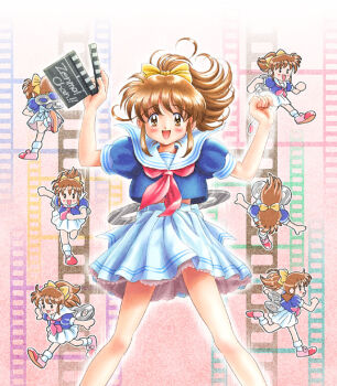 1girl blue_skirt bow brown_eyes brown_hair character_name clapperboard film_strip goto_p hair_bow hands_up holding legs_apart looking_at_viewer medium_hair multiple_views neckerchief open_mouth original pac-man_eyes ponytail red_neckerchief red_shoes running sailor_collar shoes short_sleeves skirt smile socks standing white_sailor_collar white_skirt white_socks winding_key yellow_bow zenmai-chan