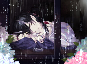 1boy ashtray black_hair black_nails cigarette closed_mouth clothing_request commentary_request demon_boy earrings flower horns indoors japanese_clothes jewelry looking_at_viewer male_focus medium_hair original pink_flower rain solo tarou_(you-0512) window