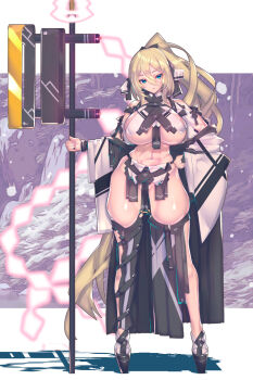 bare_hips blonde_hair blue_eyes breasts commission groin hair_between_eyes hip_bones holding holding_staff japanese_clothes long_hair miko muscular muscular_female nontraditional_miko original pelvic_curtain pixiv_commission revealing_clothes satoyasu science_fiction shiny_skin sideboob skindentation staff thick_thighs thighhighs thighs underboob very_long_hair virtualcity-ex