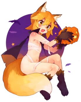 1girl alternate_costume animal_ear_fluff animal_ears animal_hands bad_id bad_twitter_id bandages bat_(animal) blonde_hair blush breasts cape fang female_focus flower fox_ears fox_tail gloves hair_between_eyes hair_flower hair_ornament halloween holding jack-o&#039;-lantern key_visual loli looking_at_viewer naked_bandage navel night night_sky official_art open_mouth paw_gloves paw_shoes promotional_art pumpkin ribbon rimukoro sarashi senko_(sewayaki_kitsune_no_senko-san) sewayaki_kitsune_no_senko-san shoes short_hair simple_background sky small_breasts solo star_(sky) tail yellow_eyes