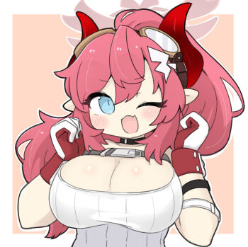 1girl ;d bare_shoulders blue_archive blue_eyes blush border breasts brown_background chibi cleavage collarbone demon_horns gloves goggles goggles_on_head hair_between_eyes halo hands_up highres horns large_breasts long_hair looking_at_viewer megu_(blue_archive) miranofuudoria one_eye_closed open_mouth pink_hair ponytail smile solo tank_top upper_body very_long_hair white_border white_gloves white_tank_top