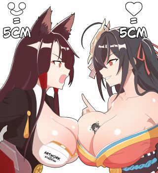 3girls ? absurdres ahoge akagi_(azur_lane) alternate_breast_size_(larger) animal_ears azur_lane between_breasts black_hair breast_contest breast_expansion breast_press breasts brown_hair commentary crossed_bangs english_commentary eye_contact eyeliner eyeshadow fox_ears fox_girl giant giantess highres huge_breasts japanese_clothes kashino_(azur_lane) long_hair looking_at_another makeup mask mask_on_head mini_person minigirl multiple_girls red_eyes staznyan symmetrical_docking taihou_(azur_lane)