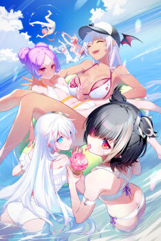 Rule 34 | 6+girls, :d, ^ ^, ahoge, alva (snack nili), animal ears, ass, barefoot, baseball cap, bikini, black hair, breasts, butt crack, cleavage, closed eyes, cloud, cybill (snack nili), dark-skinned female, dark skin, demon tail, double bun, eating, flat chest, food, frilled bikini, frills, green eyes, grin, hair bun, hair spread out, hashtag-only commentary, hat, head wings, hizuki rurufu, holding, holding ice cream cone, ice cream, ice cream cone, innertube, large breasts, long hair, looking back, low ponytail, mole, mole under eye, multicolored hair, multiple girls, name tag, navel, nilitsu, o o, one-piece swimsuit, open mouth, orange hair, pink hair, pointy ears, ponytail, purple hair, red eyes, sakuma lovey, school swimsuit, short hair, side-tie bikini bottom, sideboob, sky, smile, snack nili, streaked hair, swim ring, swimsuit, tail, tao shan, teeth, throwing, throwing person, tongue, tongue out, tor (snack nili), upper teeth only, v, valiana s tinegarnet, very long hair, virtual youtuber, wading, water, white bikini, white hair, white one-piece swimsuit, wings, wolf ears, wolf girl, wolf tail