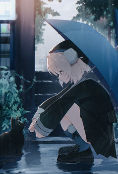 1girl absurdres beret black_hat black_jacket black_shoes black_skirt blue_socks from_side full_body grey_hair hair_ornament hat highres holding holding_umbrella jacket kneehighs loafers long_sleeves looking_at_animal miniskirt mocchan_(mo_chan0225) outdoors pinstripe_jacket pinstripe_pattern pinstripe_skirt pleated_skirt pom_pom_(clothes) pom_pom_hair_ornament profile puddle rain red_eyes reflection sailor_collar shoes short_hair skirt sleeve_cuffs socks solo ui_(voisona) umbrella voisona white_sailor_collar wrist_cuffs