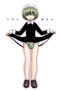 1girl clothes_lift female_focus green_hair iya_maid lowres maid_headdress marimo original short_hair simple_background skirt skirt_lift solo