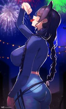 1girl absurdres aerial_fireworks alternate_costume ass blue_eyes blue_hair blue_leggings blue_shirt blush braid breasts cherry commentary cowboy_shot dated_commentary eating erasorpepero fireworks food from_side fruit hair_ribbon highres holding holding_food holding_fruit hololive hololive_english large_breasts leggings long_hair long_sleeves looking_at_viewer low_twin_braids midriff night official_alternate_hairstyle ouro_kronii outdoors patreon_logo patreon_username profile ribbon shirt sideways_glance solo standing twin_braids twitter_x_logo very_long_hair virtual_youtuber white_ribbon