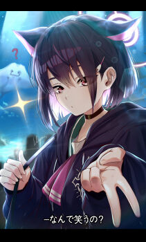 1girl absurdres animal_ears black_choker black_hair black_hoodie blue_archive bob_cut cat_ears cat_girl choker choppy_bangs closed_mouth commentary_request expressionless grey_eyes gyaru_v hair_ornament hairclip hands_up highres hood hood_down hoodie kazusa_(blue_archive) letterboxed linpa93 looking_at_viewer neckerchief pink_neckerchief short_hair solo upper_body v