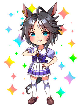 1girl ahoge animal_ears black_hair blue_eyes blush bow bowtie breasts chibi chibi_only collarbone commentary_request ear_ornament fuji_kiseki_(umamusume) full_body hair_between_eyes highres horse_ears horse_girl horse_tail looking_at_viewer multicolored_hair open_mouth pleated_skirt puffy_short_sleeves puffy_sleeves purple_bow purple_bowtie purple_shirt sailor_collar sailor_shirt school_uniform shirt shoes short_hair short_sleeves skirt smile solo sugimotty_nova tail thighhighs tracen_school_uniform umamusume white_hair white_sailor_collar white_skirt white_thighhighs zettai_ryouiki