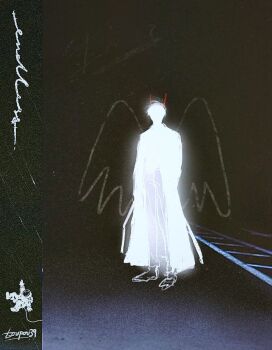 1boy astronaut censored censored_identity coat commentary demon_horns doodle_inset drawn_wings facing_viewer full_body glowing highres horns kim_dokja male_focus night omniscient_reader&#039;s_viewpoint open_clothes open_coat road short_hair solo standing street symbol-only_commentary toupou39 white_coat white_hair wings