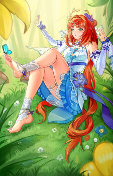 1girl arched_soles armpit_crease barefoot barefoot_sandals_(jewelry) blue_eyes blunt_bangs breasts bug butterfly butterfly_on_foot cleavage_cutout clothing_cutout day detached_sleeves double_bun eyelashes feet female_focus field fingernails flower flower_field forest full_body genshin_impact hair_bun halterneck hand_up highres huge_filesize insect jewelry knees legs long_hair low_twintails nail_polish nature nilou_(breeze_of_sabaa)_(genshin_impact) nilou_(genshin_impact) official_alternate_costume orange_hair outdoors outstretched_arms parted_lips pink_toenails puppnett ribbon-trimmed_sleeves ribbon_trim ring sidelocks small_breasts soles thighlet thighs tiara toenail_polish toenails toes twintails very_long_hair vision_(genshin_impact)