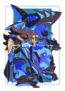 1girl :d absurdres bent_over blue_background blue_eyes blue_hair blue_pants border breasts cccacademia character_name clothing_cutout crawdaunt crobat gen_1_pokemon gen_2_pokemon gen_3_pokemon goggles goggles_on_head hand_on_own_hip hand_on_own_leg highres huntail long_hair mega_pokemon mega_sharpedo mightyena mixed-language_commentary muk multicolored_hair nintendo open_mouth pants pokemon pokemon_(creature) pokemon_oras sharpedo shelly_(pokemon) shoulder_cutout signature smile streaked_hair team_aqua teeth tongue white_border