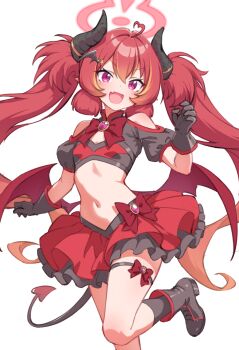 1girl :d ahoge alternate_costume black_gloves black_horns black_shirt black_shoes black_tail blonde_hair blue_archive blush commentary_request demon_tail dot_nose double-parted_bangs fang foot_out_of_frame frilled_skirt frills gloves gradient_hair halo heart heart_ahoge highres horns hr.r junko_(blue_archive) kneehighs long_hair looking_at_viewer miniskirt multicolored_hair neck_ribbon open_mouth purple_eyes red_hair red_halo red_horns red_ribbon red_skirt red_wings ribbon shirt shoes short_sleeves simple_background skin_fang skirt smile socks solo standing standing_on_one_leg stomach tail thigh_strap twintails white_background wings