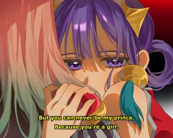 2girls akane_aoi commentary cosplay gradient_hair green_hair hair_rings hand_on_another's_shoulder highres himemiya_anthy himemiya_anthy_(cosplay) jibaku_shounen_hanako-kun multicolored_hair multiple_girls pink_hair purple_eyes purple_hair ryllychee shoujo_kakumei_utena subtitled tenjou_utena tenjou_utena_(cosplay) two-tone_hair yashiro_nene