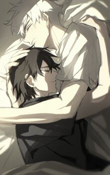 2boys absurdres bed bed_sheet black_hair black_shirt cheng_xiaoshi closed_eyes closed_mouth commentary_request cuddling foooo_goo hand_on_another's_head highres hug lu_guang lying male_focus multiple_boys on_bed on_side profile shiguang_dailiren shirt short_hair short_sleeves sleeping t-shirt under_covers upper_body white_hair white_shirt yaoi
