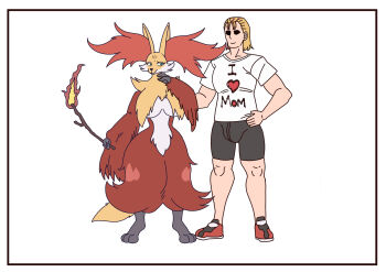 1boy 1girl absurdres animal_ear_fluff animal_ears animal_nose blonde_hair body_fur delphox fox_ears furry furry_female gen_6_pokemon highres nintendo pokemon pokemon_(creature) shirt shorts simonbutt6 simple_background snout t-shirt tail white_background white_fur yellow_fur