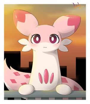 absurdres border bright_pupils chillet_ignis colored_skin highres looking_at_viewer ltrlrthtak06ver no_humans outside_border pal_(creature) palworld pink_eyes pink_skin signature solo sunset white_border white_pupils