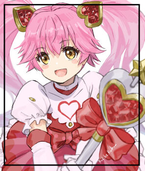 #compass 1girl :d blush bow dress floating_hair gloves hair_between_eyes heart highres holding holding_stick jun_(rellik_&amp;_redrum) long_hair magical_girl open_mouth pink_hair red_bow red_dress ririka_(#compass) short_sleeves smile solo stick twintails two-tone_dress very_long_hair white_dress white_gloves yellow_eyes