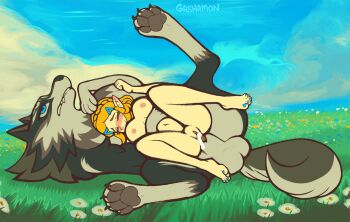 1boy 1girl 2022 animal_hands animated artist_name bestiality blinking blonde_hair blue_eyes blush claws colored_skin cum cum_in_pussy fangs field flower flower_field gashamon_(artist) grass happy happy_sex hetero highres interspecies link lying navel nintendo nipples nude on_back overbite pawpads penis pointy_ears princess_zelda pussy size_difference smile tail tail_wagging testicles the_legend_of_zelda the_legend_of_zelda:_tears_of_the_kingdom the_legend_of_zelda:_twilight_princess toes uncensored vaginal white_skin wolf_link