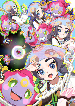 Rule 34 | 1girl, ansha (pokemon), apron, black hair, blue apron, blue eyes, blue headscarf, blush, braid, closed eyes, closed mouth, colored sclera, commentary request, donut, donut print, food, food print, gen 6 pokemon, green eyes, headscarf, hoopa, hoopa (confined), horns, legendary pokemon, long hair, long sleeves, looking at viewer, mythical pokemon, nintendo, open mouth, pokemon, pokemon (creature), pokemon legends: z-a, portal (object), print apron, sawaco (sawaco520), shirt, smile, teeth, white shirt, yellow sclera