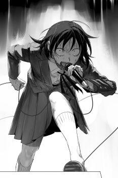 1girl aa_kabeuchi bent_over blazer cable collared_shirt concert dress_shirt foot_out_of_frame futsuu_no_keion-bu greyscale hatono_chihiro highres holding holding_cable holding_microphone jacket lapels long_sleeves microphone monochrome music notched_lapels open_mouth pleated_skirt scene_reference school_uniform shaded_face shirt singing skirt small_pupils socks solo sweat teeth winter_uniform