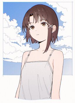 1girl blue_sky border brown_eyes brown_hair camisole cloud cloudy_sky collarbone commentary_request hair_ornament highres iwakura_lain looking_afar parted_bangs parted_lips qaqyes_re serial_experiments_lain short_hair single_sidelock sky solo upper_body white_border white_camisole x_hair_ornament