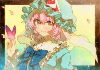 Rule 34 | 1girl, blue bow, blue bowtie, blue hat, blue kimono, bow, bowtie, bug, butterfly, falling petals, hat, highres, insect, japanese clothes, kimono, long sleeves, looking at viewer, mob cap, open mouth, petals, pink hair, pink petals, purple butterfly, rinka (qqqrinkappp), saigyouji yuyuko, smile, solo, touhou, traditional media, triangular headpiece, wide sleeves