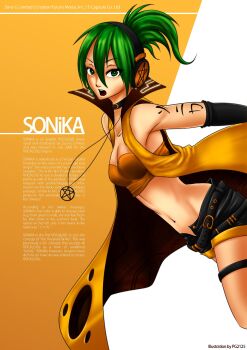 1girl arm_tattoo armpit_peek black_choker black_gloves black_shorts breasts character_name choker cleavage coat crop_top english_text gloves green_eyes green_hair hair_between_eyes headphones jewelry medium_breasts navel necklace open_clothes open_coat open_mouth pandoo ponytail shirt shorts solo sonika star_(symbol) star_necklace tattoo thigh_strap vocaloid yellow_coat yellow_shirt yellow_trim
